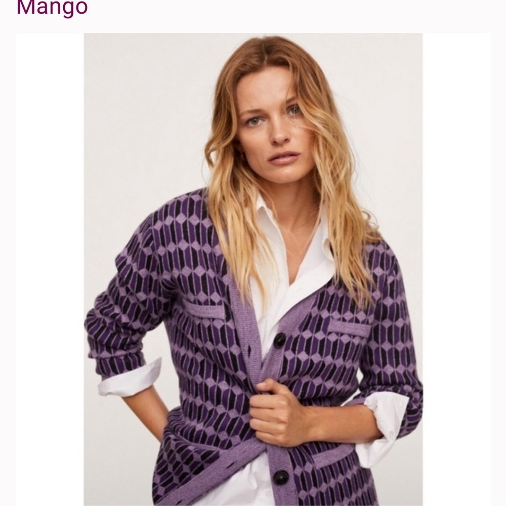 MNG MANGO Purple Geometric long line Women's Cardigan knit sweater XS oversized